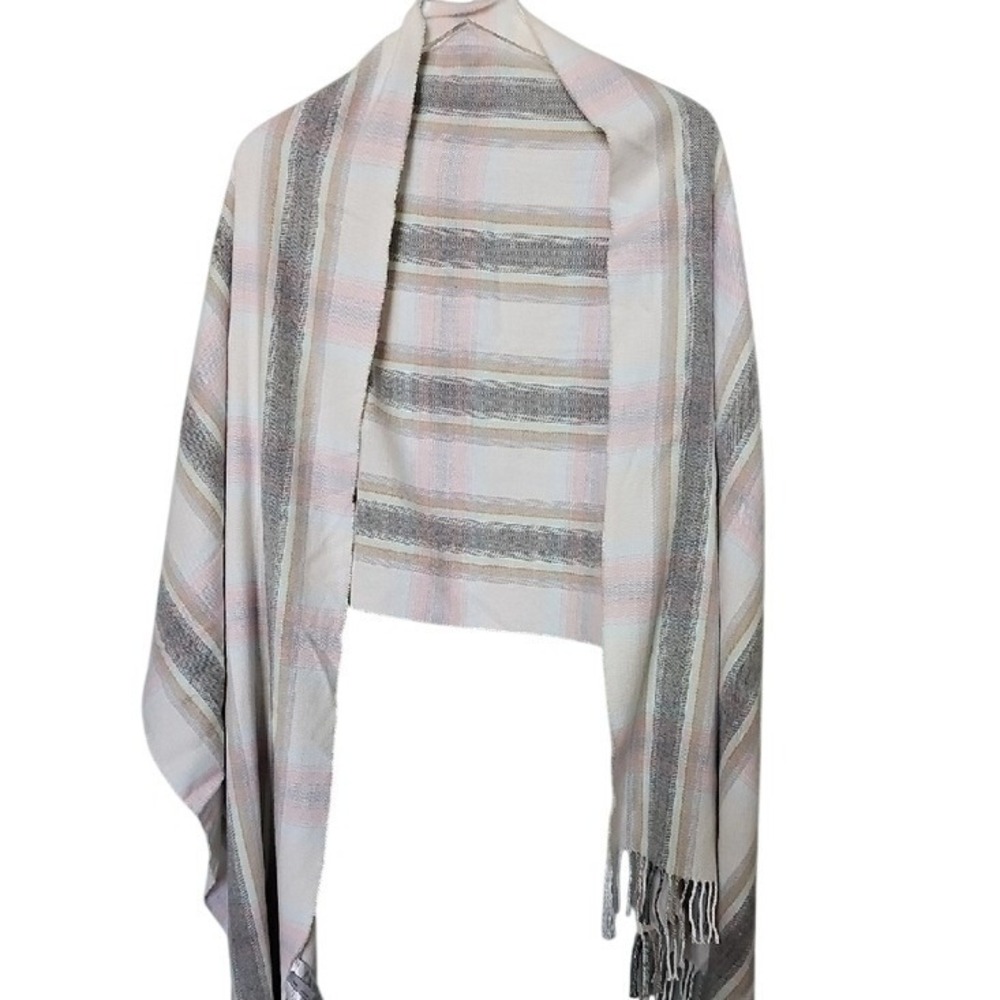 Gap Striped Fringe Wrap Blanket Scarf Cream Grey Pink Tan One Size Acrylic